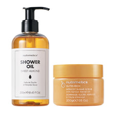NEW Nutrimetics Sweet Almond Shower oil and Nutri-Rich Apricot body scrub. Shop in Australia and New Zealand with Afterpay and Paypal