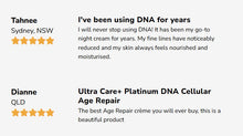 Customer review showing firming results from Nutrimetics Platinum DNA Cellular Age Repair Crème in Australia