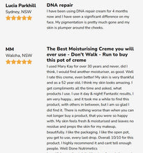 Customer reviews showcasing results from Nutrimetics Platinum DNA Cellular Age Repair Crème in Australia
